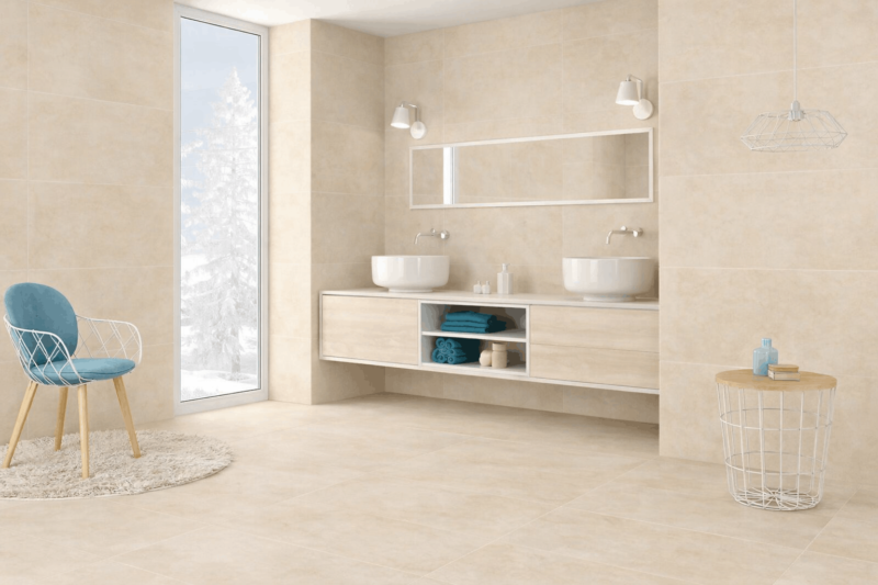 Salle de bain moderne avec carrelage imitation béton 60x120 Dylon Marfil rectifié 1er choix, teinte beige marfil
