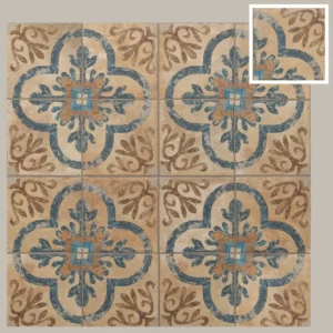 Motif du carrelage imitation carreau ciment American Newton 22,5x22,5 en grès cérame, décor bleu et beige.